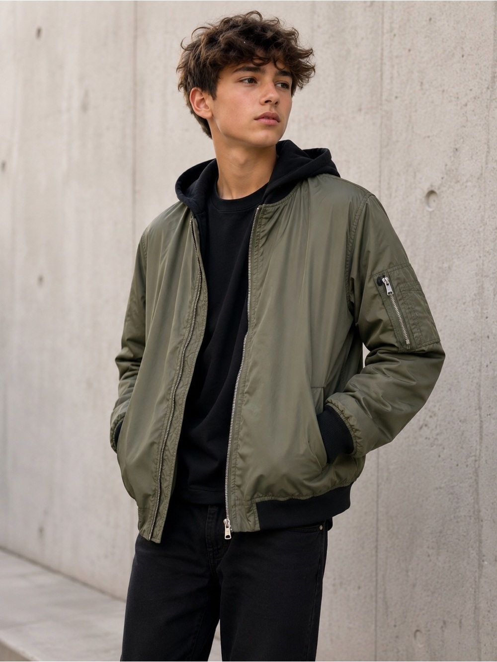 H&M Youth Olive Green Hooded Bomber Jacket Size 16/18
